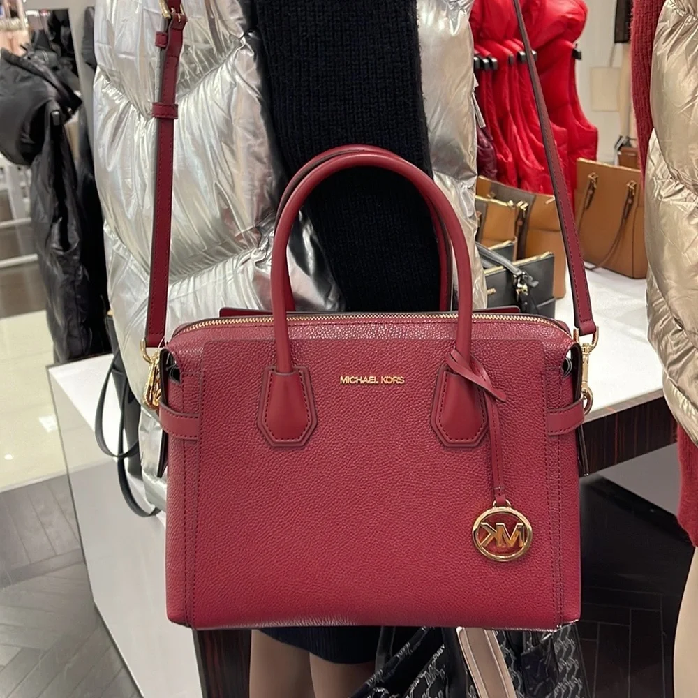 MICHAEL KORS Mercer Medium Two-Tone Pebbled Leather Belted Satchel Mulberry